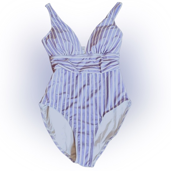 Blue White Deep V Tummy Control Swimsuit - Picture 2 of 9